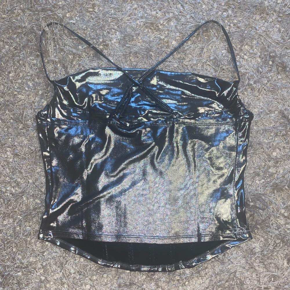 Silver gunmetal corset style crop top sz S - Picture 6 of 7